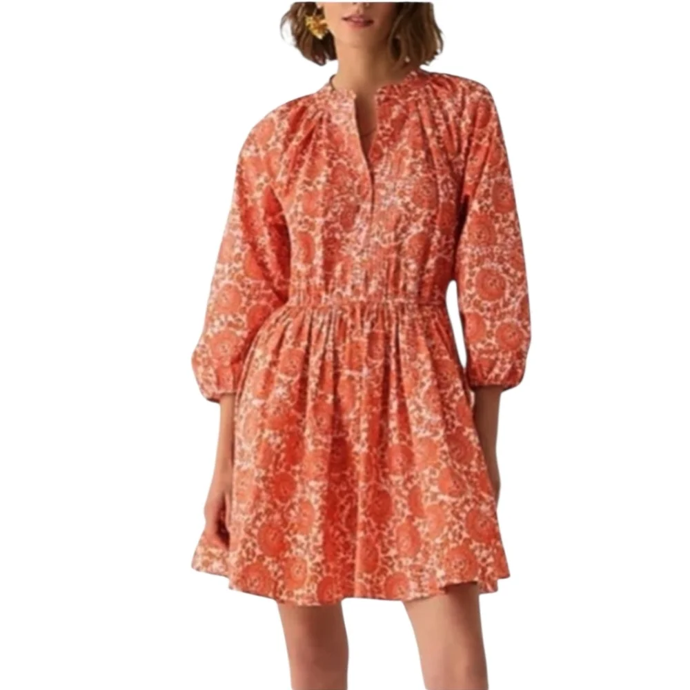 Nwot J.Crew Orange White Floral LS Ruffled Neck Fit/Flare Button Front Dress